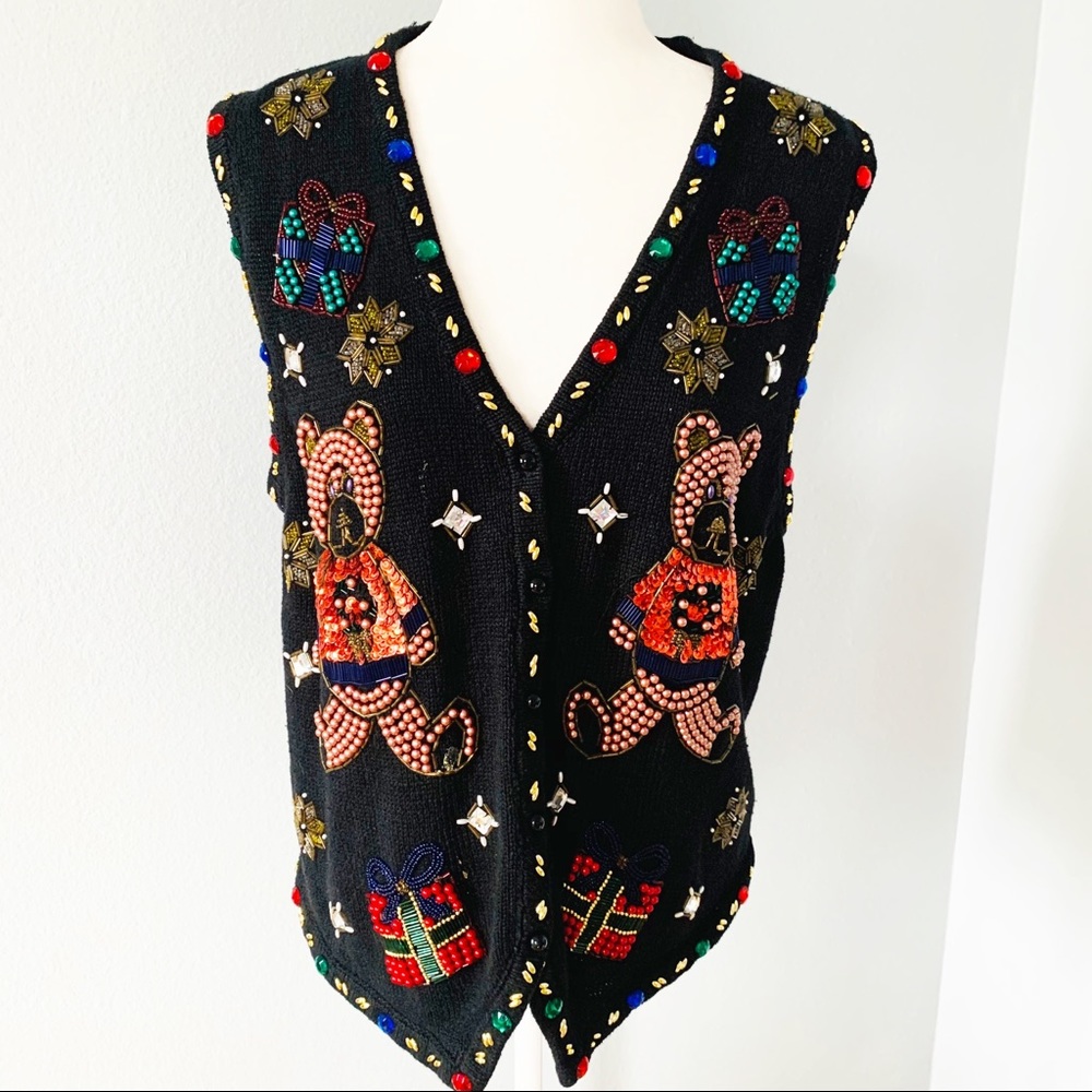 Claudia D. Black Ugly Christmas Sweater Vest Sz Lg